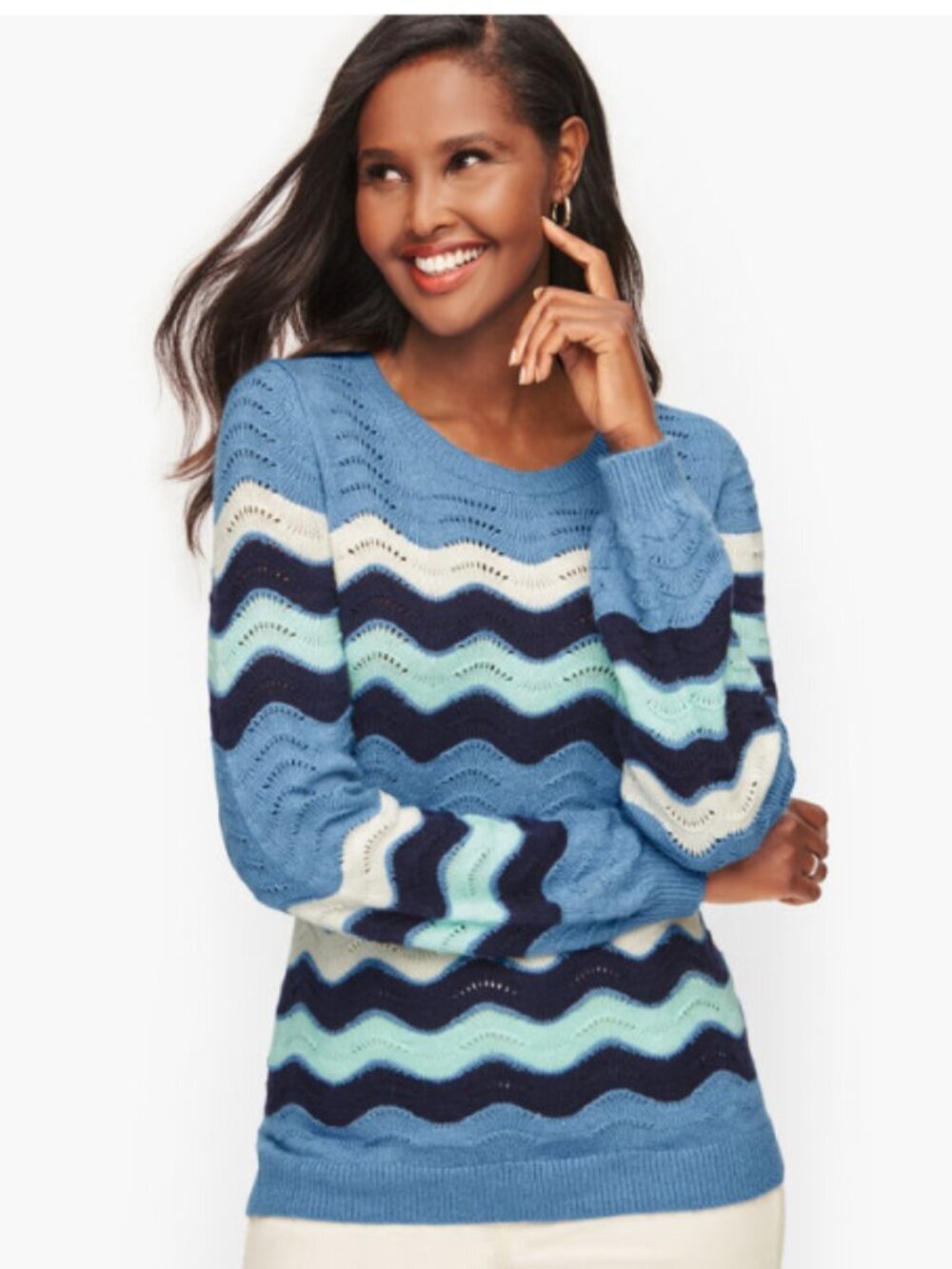 Talbots Supersoft Cotton Blend Crewneck Textured Striped Sweater Size Medium